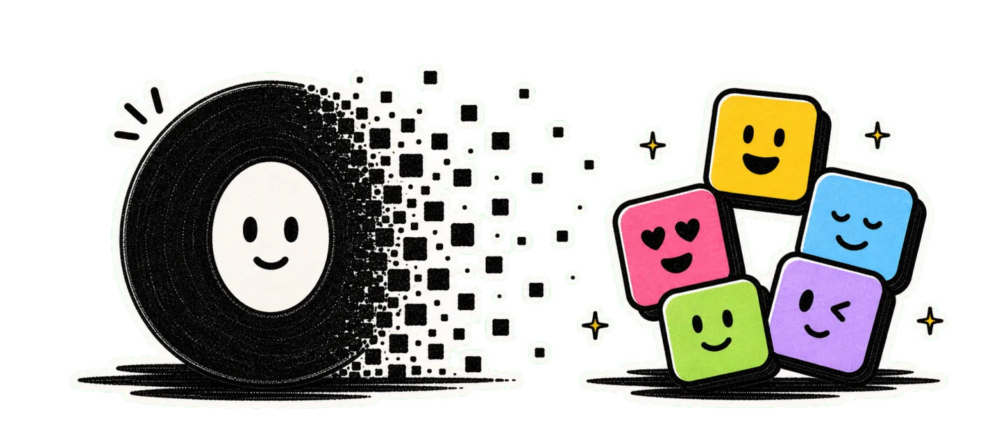 一張笑臉唱片化成一疊彩色 emoji 方塊。